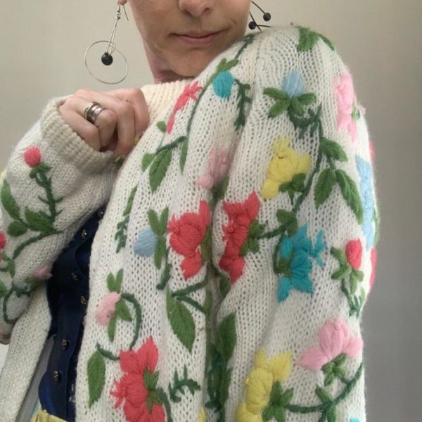 Win an incredible 1960s Embroidered Cardigan by shopping with us! 2 Close up of 1960s Embroidered Multi Coloured Floral Cardigan